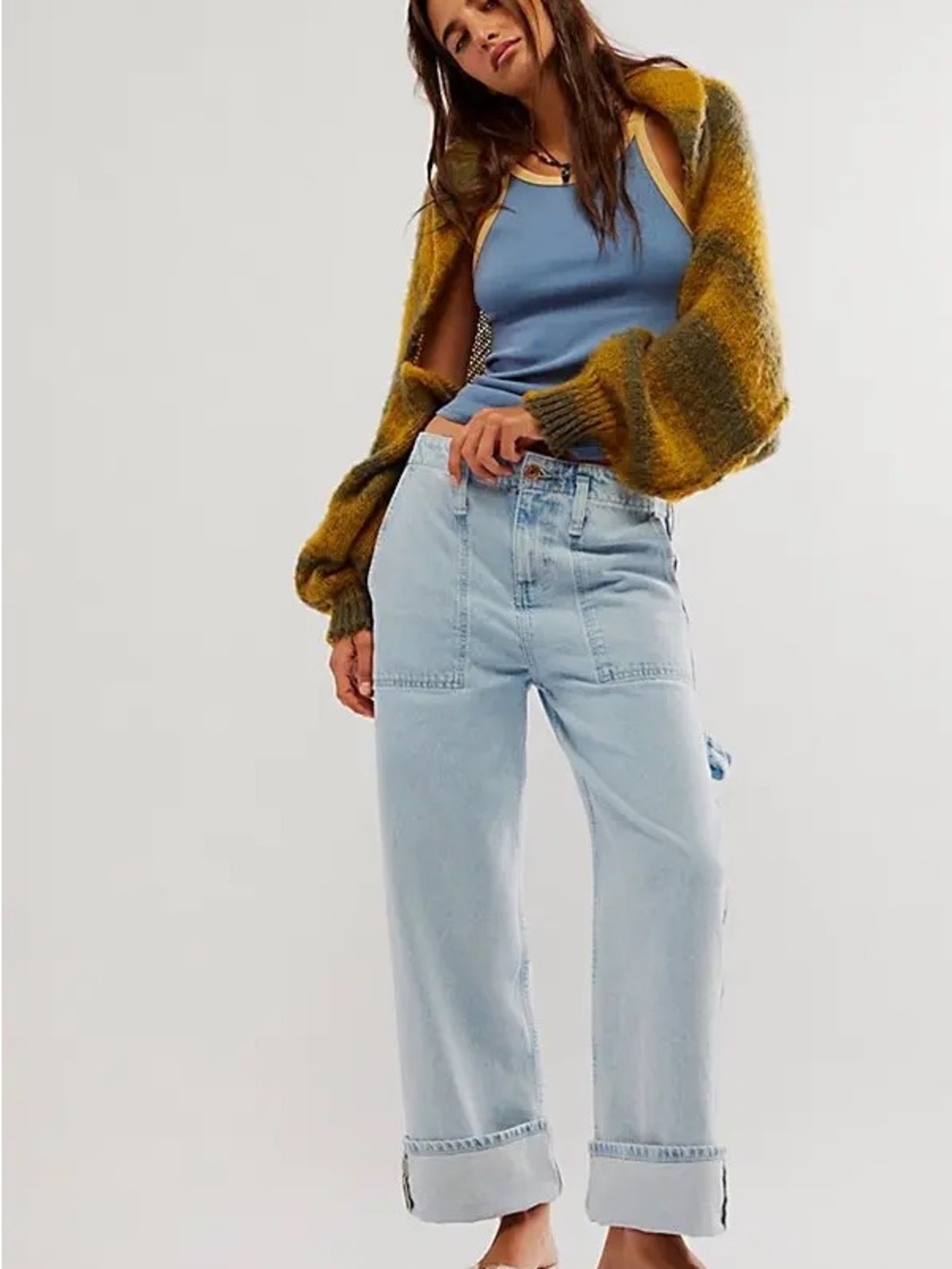 Free People We The Free Major Leagues Mid Rise Wide Leg Light Wash Cuffed Jeans
